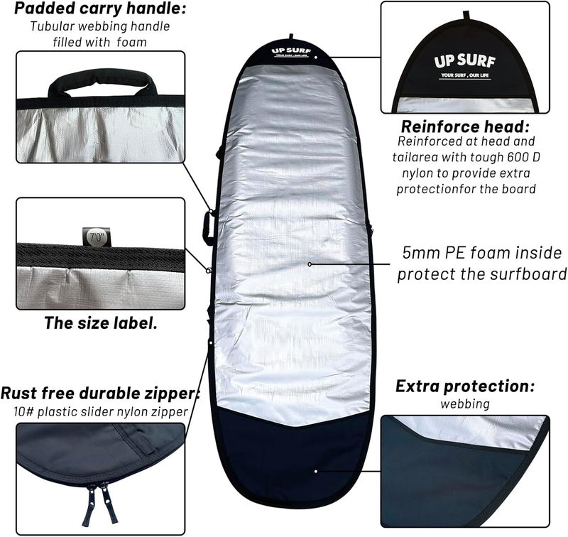 UP SURF Surfboard bag, Daylight Bags for fun board, Size 7'0", 7'6", 8'0", Surfboard cover for Storage and Transport Surfboard - Image 2